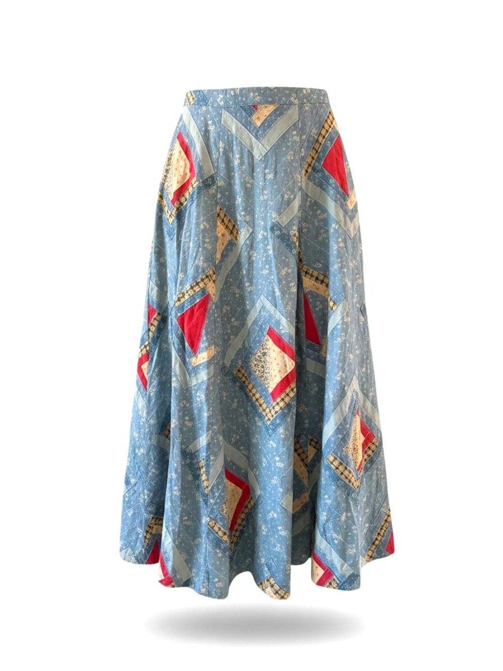 NWT rare Vtg Polo Ralph Lauren Light Blue Patchwork A-Line folk quilt Midi Skirt